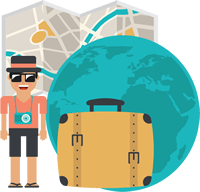Illustration d'un vacancier avec sa valise et sa carte