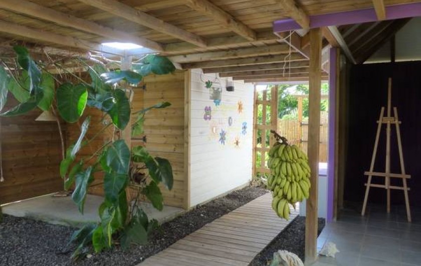 Location de vacances - Gîte à Saint-François - Pergola où sont suspendus les régimes de bananes  cueillis dans le jardin