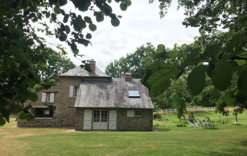 Location de vacances - Gîte à La Baconnière - Parc et vue arrière de la maison (mobilier de jardin, transats, barbecue)