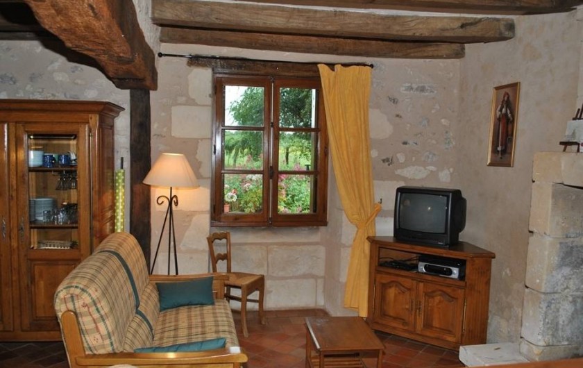 Location de vacances - Gîte à Paulmy - Espace salon avec cheminée fenêtre sud sur jardin