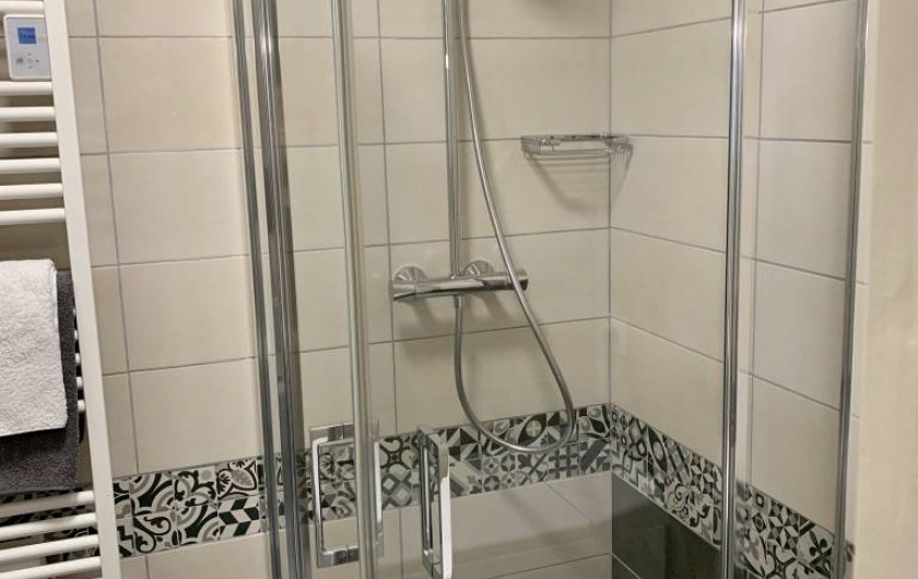 Location de vacances - Appartement à Labaroche - espace douche avec sèche serviettes. Les toilettes sont dans la même pièce.