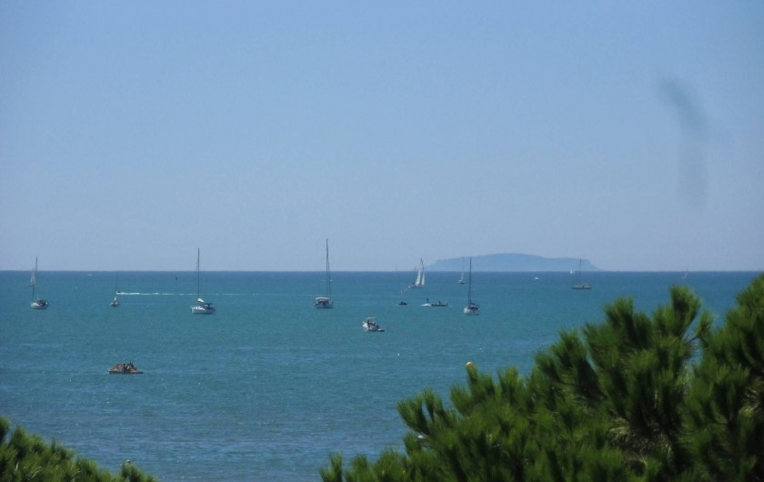 Location de vacances - Appartement à Le Grau-du-Roi - Midi à l'ombre sur la terrasse; au loin Sète et son volcan: le Saint-Clair