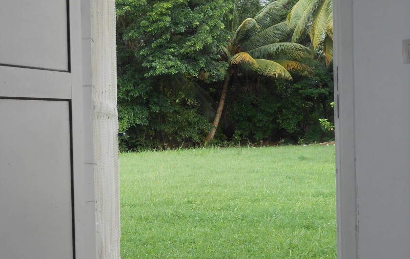 Location de vacances - Appartement à Les Trois-Îlets - vue jardin depuis le canapé, transats disponibles