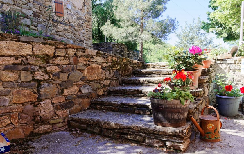 Location de vacances - Gîte à Saint-Victor-et-Melvieu - escalier fleuri devant le gîte