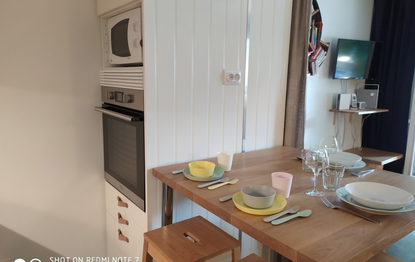 Location de vacances - Studio à Saint-Lary-Soulan - cuisine : four encastré à paroi froide (sécurité enfant), micro onde