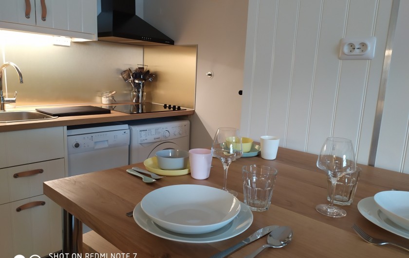 Location de vacances - Studio à Saint-Lary-Soulan - table et 4 tabourets hauts, cuisine et lave-vaisselle, lave-linge, 4 feux, fours