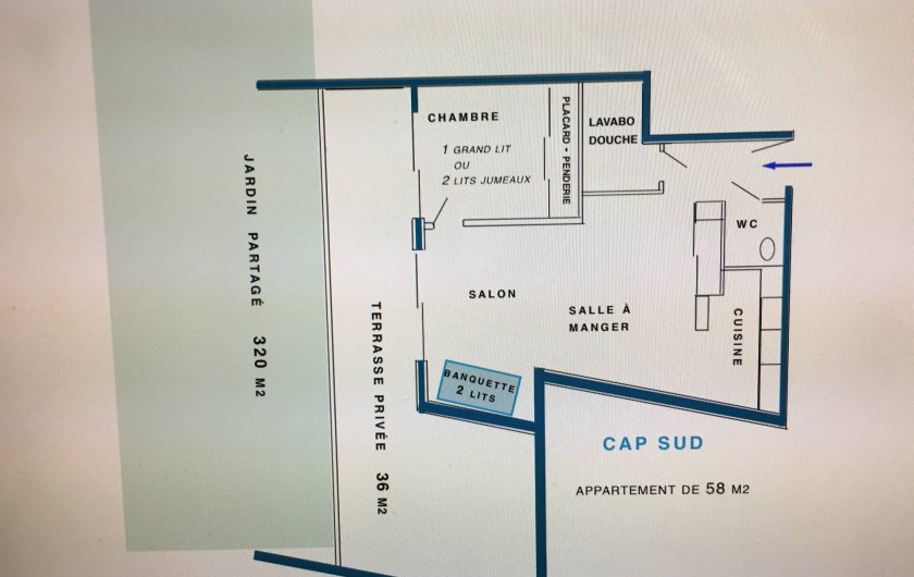 Location de vacances - Appartement à Sanary-sur-Mer - CAP SUD - Le plan de l'appartement (55 m2) + terrasse (36 m2)