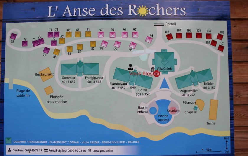 Location de vacances - Appartement à Saint-François - plan de la résidence.  " les colibris " se situe au centre de bougainvillier et