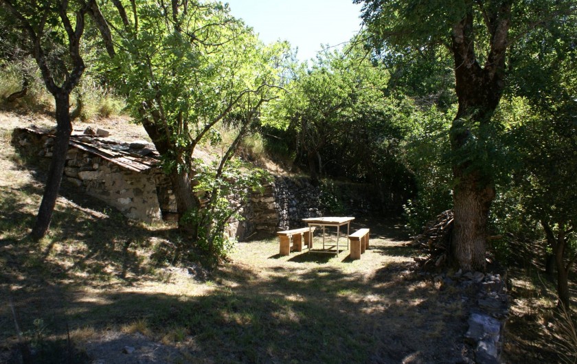 Location de vacances - Chalet à Saint-Paul-sur-Ubaye - table et banc  (espace petit bois )
