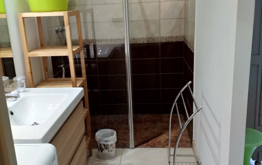 Salle de bain du studio avec douche italienne et lave linge
