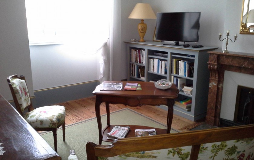 Le petit coin salon pour nos hôtes avec télé et livres.