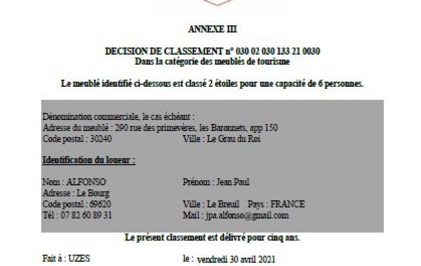Location de vacances - Appartement à Le Grau-du-Roi - Attestation Meuble de tourisme