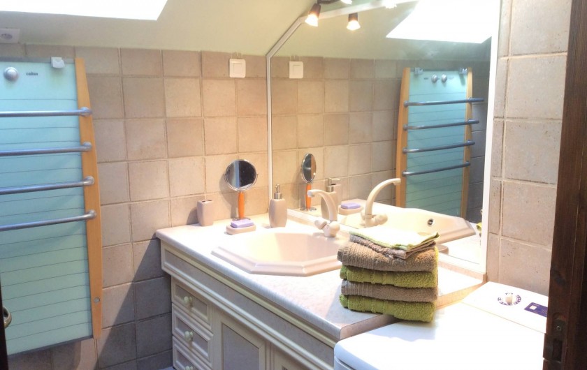 Location de vacances - Chalet à Barcelonnette - Salle de bain : baignoire et lavabo, sèche cheveux et sèche serviettes.