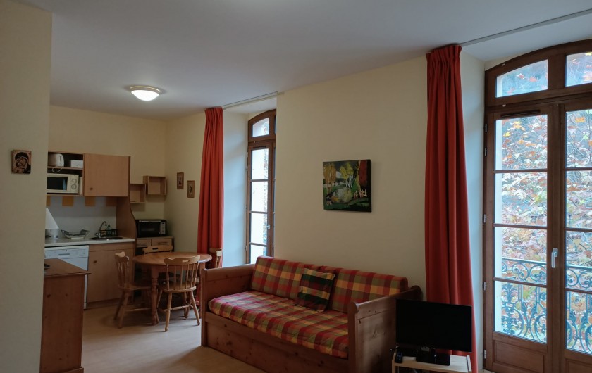 Location de vacances - Studio à Aulus-les-Bains - Coin repas avec micro ondes, four , plaques chauffantes et lave vaisselle.