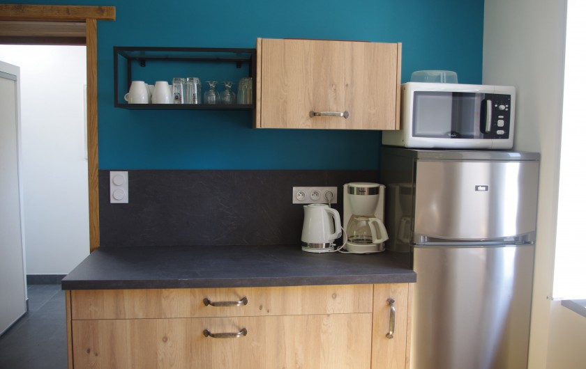 Location de vacances - Gîte à Pouzauges - Grand rangement pour la vaisselle, micro onde et réfrigérateur-congélateur.