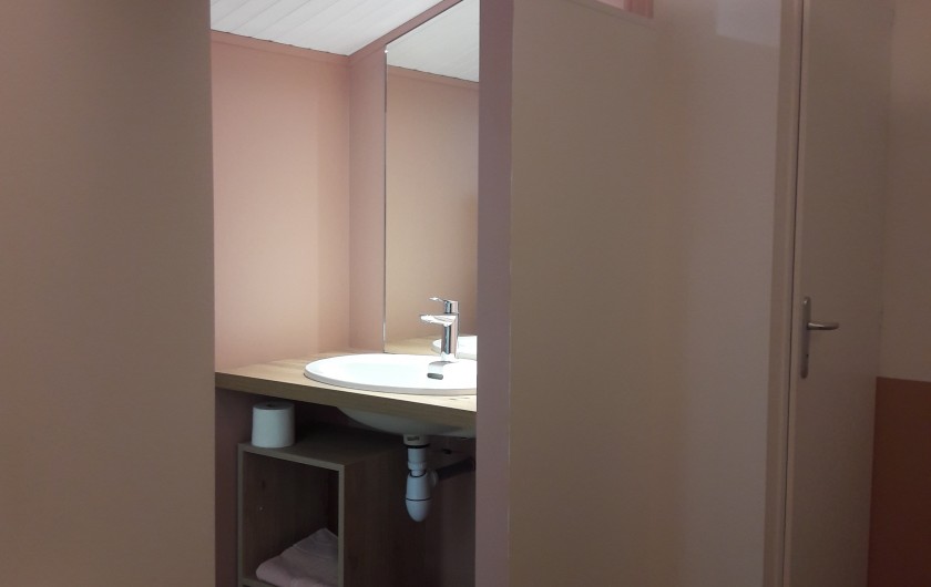 Location de vacances - Gîte à Pouzauges - Présentation de la salle d'eau et des WC privatifs de la chambre Hulotte.