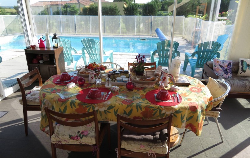 Location de vacances - Chambre d'hôtes à Donzac - La Table du Petit Déjeuner avec vue sur la piscine