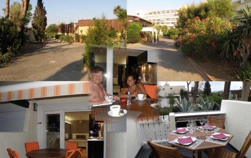 Location de vacances - Studio à Le Cap d'Agde - Terrasse plein sud, équipée d'un salon de jardin et d'un store à bannes