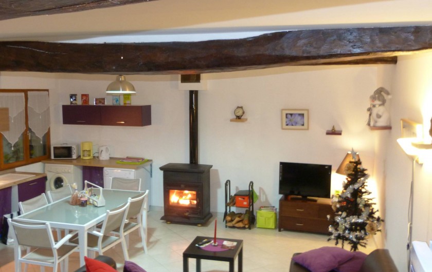 Location de vacances - Gîte à Tours-en-Vimeu - la pièce de vie au RDC , salon écran plat et feu de bois