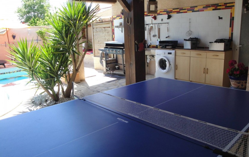 coin terrasse sous pergola : ping pong ,  plancha, cuisine d'été