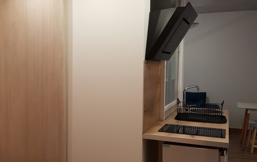 Location de vacances - Appartement à Saint-Montan - Kitchenette: Plaque induction, hotte , égouttoir, frigo, évier grille pain