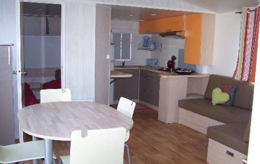 Location de vacances - Bungalow - Mobilhome à Saint-Denis-d'Oléron - salon avec télévision face au canapé lit (complément de couchage )