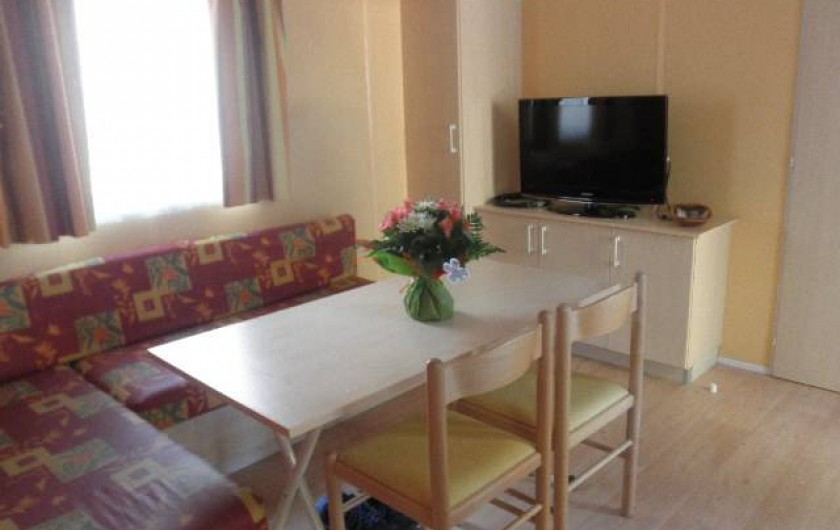 Location de vacances - Camping à Vias - Salon ,coin repas, rangement, télévision pouvant recevoir clé USB.