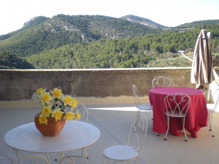 Location de vacances - Villa à Le Barroux - La terrasse ,tables bistrot 4 fauteuils 4 chaises parasol relaxes et barbecue. 