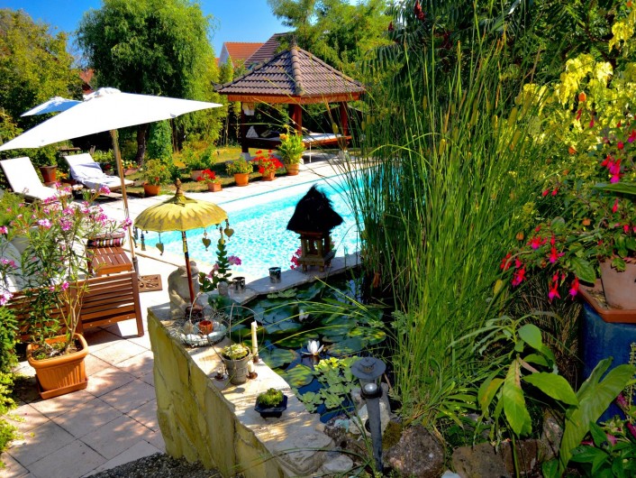 Location de vacances - Chambre d'hôtes à Marlenheim - Jardin : vue sur la piscine