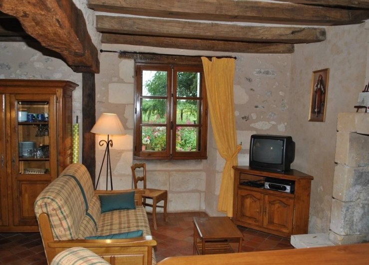 Location de vacances - Gîte à Paulmy - Espace salon avec cheminée fenêtre sud sur jardin