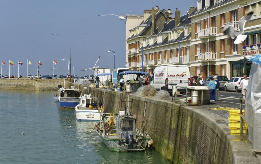 Location de vacances - Appartement à Saint-Valery-en-Caux - Les bateaux des pêcheurs et leurs étals sur le quai vus depuis le balcon.