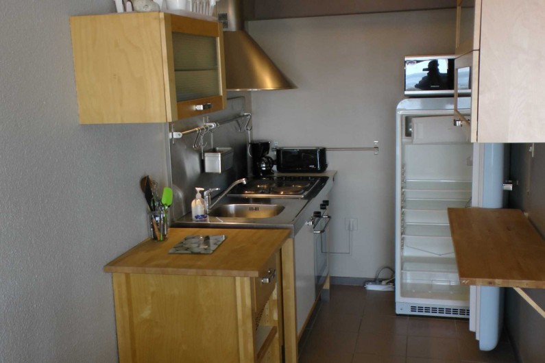 Location de vacances - Studio à Hardelot-Plage - cuisine avec vaisselle (style bord de mer) et couverts fournis