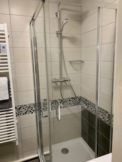 Location de vacances - Appartement à Labaroche - espace douche avec sèche serviettes. Les toilettes sont dans la même pièce.