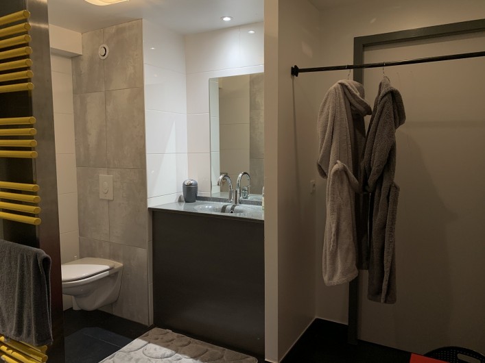 Location de vacances - Appartement à Valsonne - Salle d'eau avec grande vasque et WC...les peignoirs indispensables pour le bain