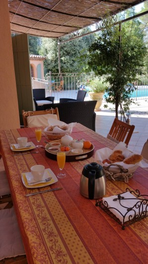 Location de vacances - Chambre d'hôtes à Cotignac - petit déjeuner sous la pergola