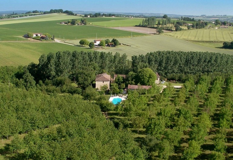 Location de vacances - Gîte à Nérac - La propriété et ses plantations d'arbres vues du ciel ©Pehillo