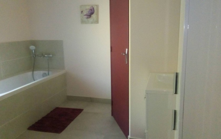 Location de vacances - Gîte à Saint-Romain-sur-Cher - Salle de bain avec douche et baignoire Un placard avec lave-linge , sèche-linge