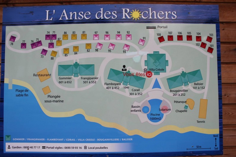 Location de vacances - Appartement à Saint-François - plan de la résidence.  " les colibris " se situe au centre de bougainvillier et