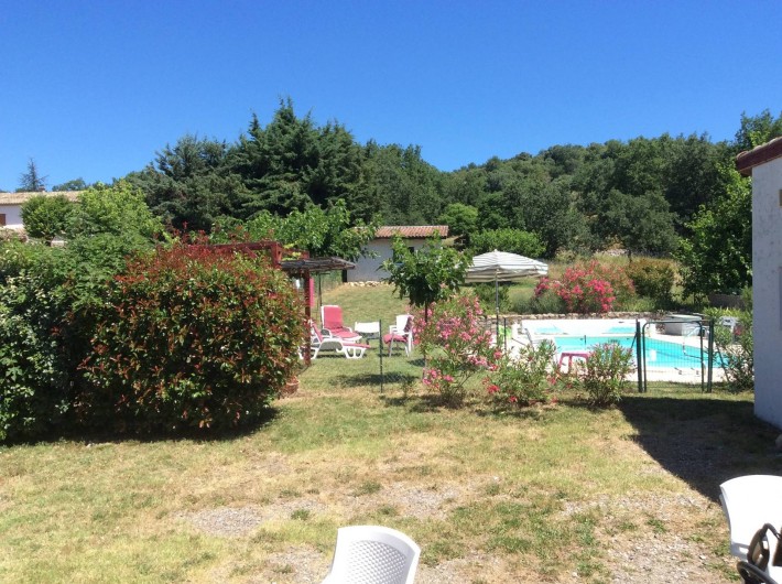 Location de vacances - Villa à Vallon-Pont-d'Arc - vue sortie cuisine sur piscine