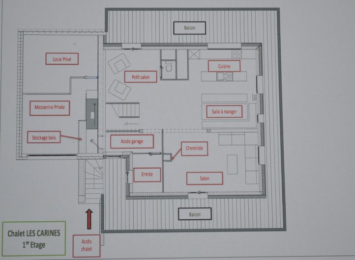 Location de vacances - Chalet à L'Alpe d'Huez - plan du 1er étage - grand séjour