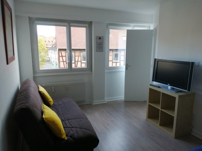 Location de vacances - Appartement à Colmar - séjour avec canapé, tv, et 1 lit double, wifi gratuite
