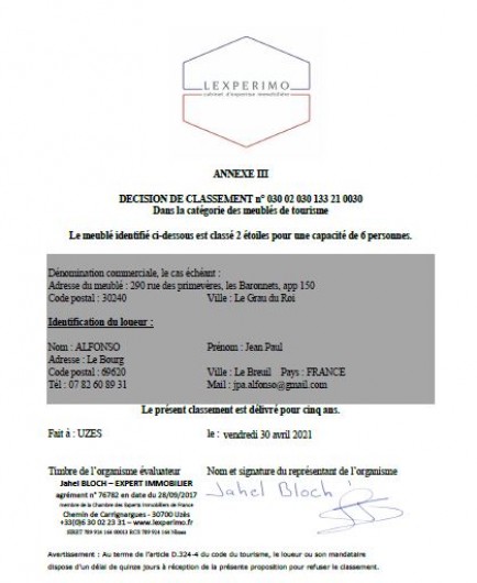 Location de vacances - Appartement à Le Grau-du-Roi - Attestation Meuble de tourisme