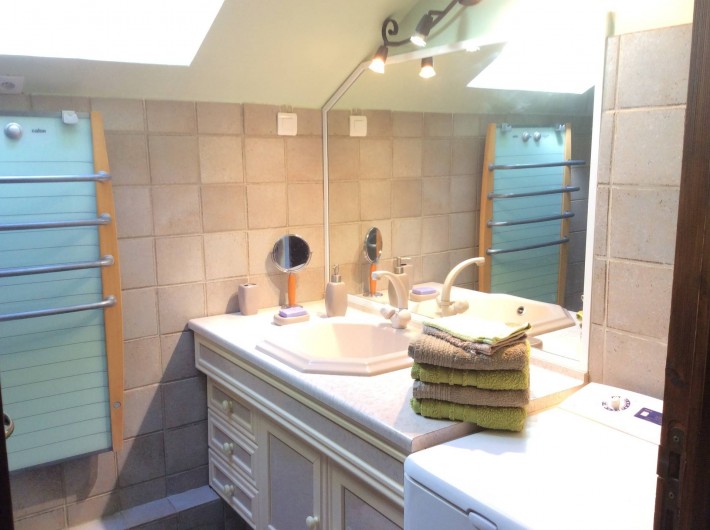 Location de vacances - Chalet à Barcelonnette - Salle de bain : baignoire et lavabo, sèche cheveux et sèche serviettes.