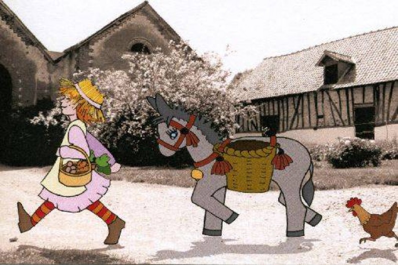 Location de vacances - Gîte à Berck - Notre logo: une fermière, son âne et une poulette avec la ferme en arrière plan.