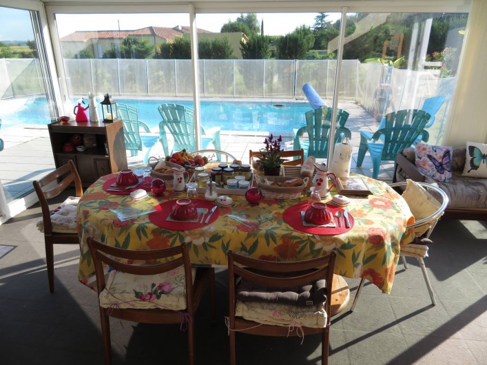 Location de vacances - Chambre d'hôtes à Donzac - La Table du Petit Déjeuner avec vue sur la piscine