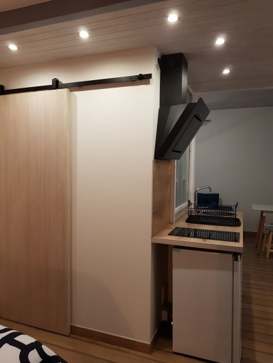 Location de vacances - Appartement à Saint-Montan - Kitchenette: Plaque induction, hotte , égouttoir, frigo, évier grille pain