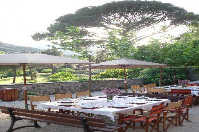 Location de vacances - Gîte à Vieussan - terrasse extérieure du grand gîte pour des repas en famille et entre amis