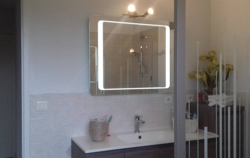 Location de vacances - Gîte à Le Bougayrou - Salle d'eau avec lavabo, miroir et douche à l'italienne